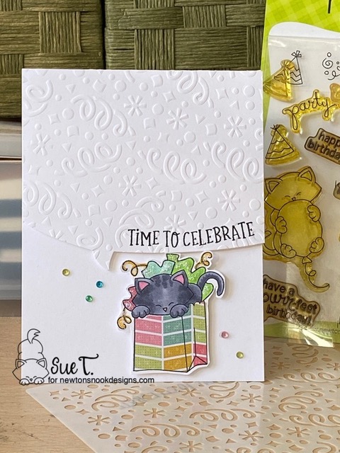 Time to celebrate by Sue features Confetti, Speech Bubbles, and Birthday Bash by Newton's Nook Designs; #inkypaws, #newtonsnook, #birthdaycards, #catcards, #cardmaking