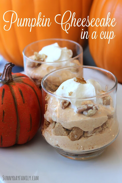 Easy, No Bake Pumpkin Cheesecake in a Cup! Made with yogurt so it's a healthier alternative to heavy cheesecake - just a few ingredients and you can have this sweet treat anytime!