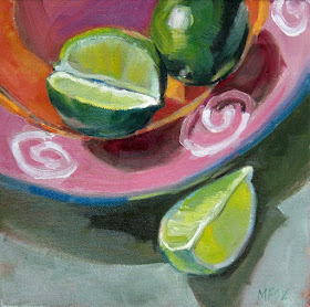 daily painter Marie Fox still life of limes and pink plate