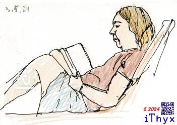 Женщина, в коричневой футболке и серых шортах, читает лёжа книгу. Автор рисунка: художник iThyx