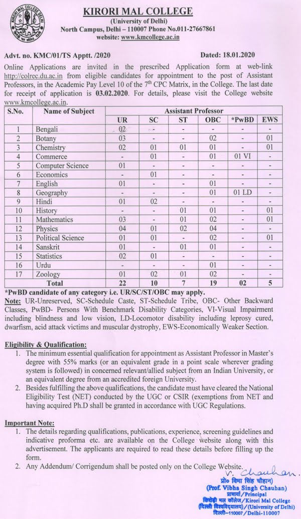 Kirori Mal College Assistant Professors Job Openings