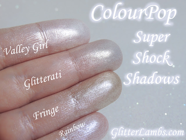 ColourPop Super Shock Shadows Eyeshadows Swatches Review by www.GlitterLambs.com Take It Slow, Let Me Explain, Valley Girl, Glitterati, Fringe, Rainbow Hello Kitty, Bubbly, Tea Party, Sugar, Birthday Girl www.Colourpop.com