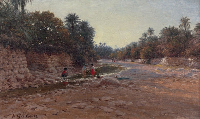 Dans l'Oued, sud algérien - Antoine Gadan (Français - 1854-1934) - Huile sur toile - 33 x 55 cm