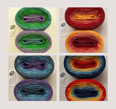 four examples of color-shifting cotton/silk yarn