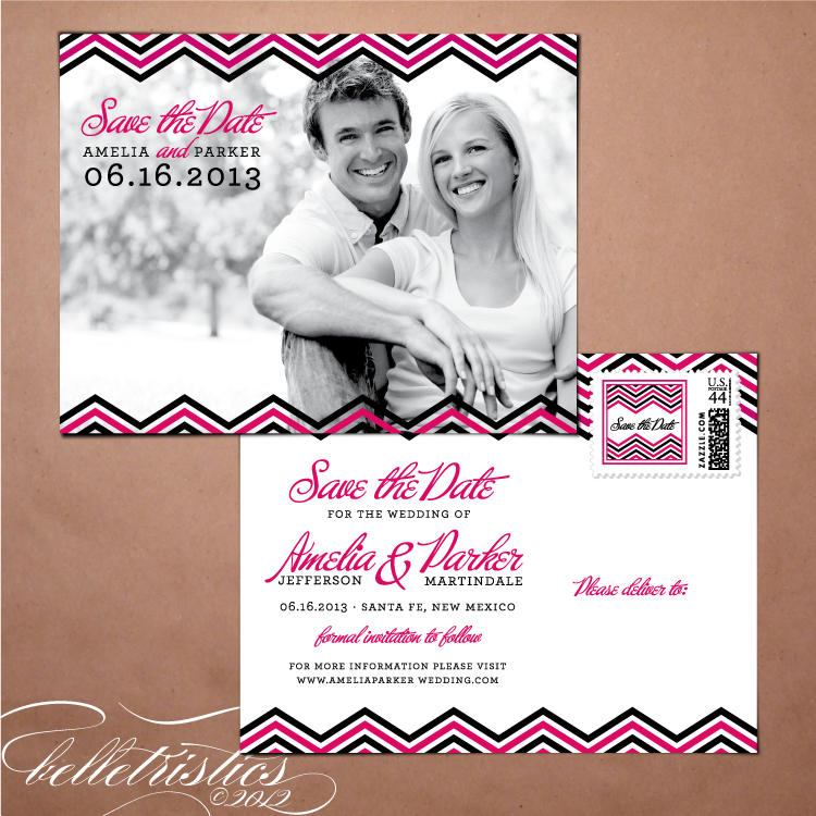 diy printable photo save the date post card modern pink black chevron