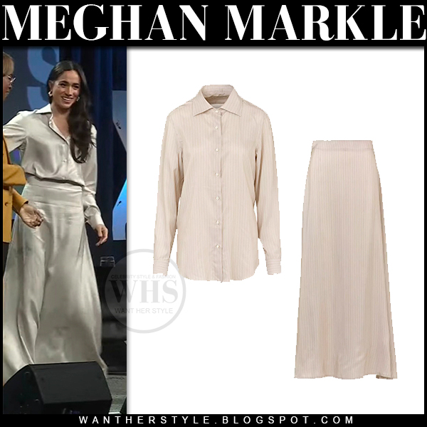 Meghan Markle in beige silk shirt and beige silk maxi skirt