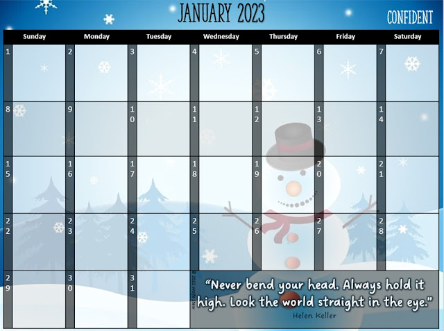 A snowman amid a snow covered forest in the background with a January 2023 calendar in the foreground.