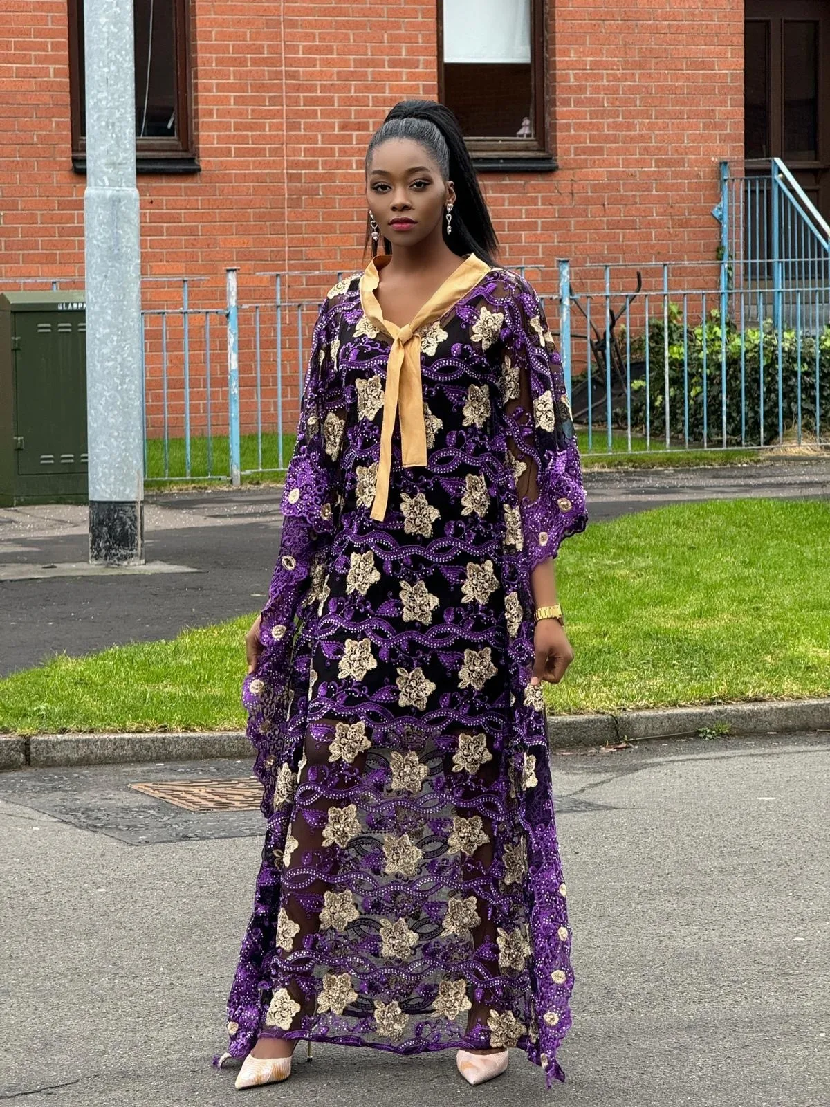 Bubu light purple and gold floral gown