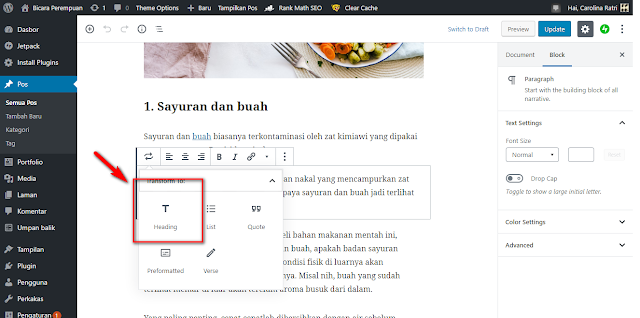 subheading di gutenberg