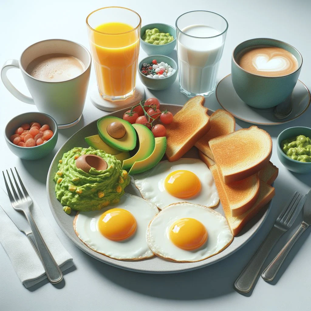 imagen creada con inteligencia artificial de un desayuno de huevos fritos estrellados aguacate pan tostado cafe jugo de naranja leche