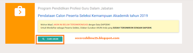 Mohon Maaf, AKUN INI BELUM TERSINKRONISASI dengan Data Dapdik! untuk Mendaftar sebagai Peserta Seleksi, silahkan Gunakan Akun anda yang SUDAH TERSINKRON DENGAN DAPODIK