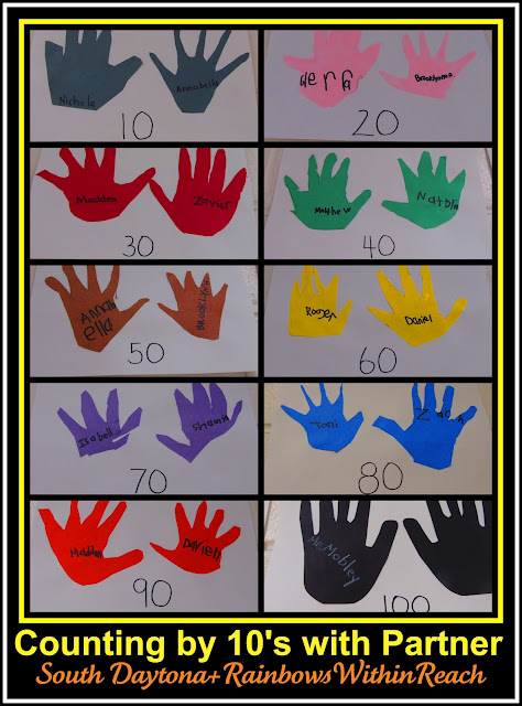 photo of: Counting by tens using Cut Out Handprints for 100 Day of School Celebration