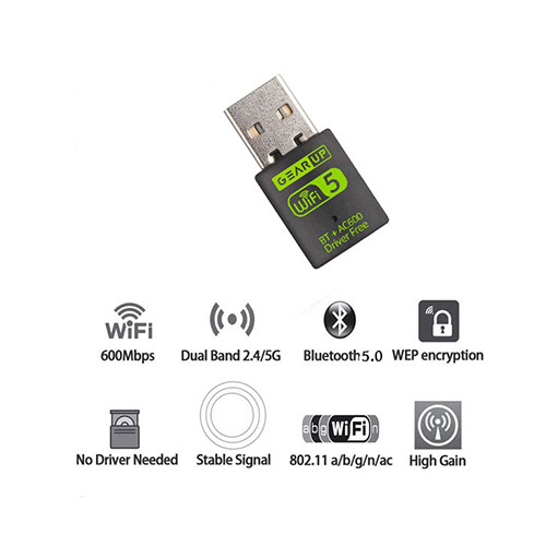 GearUP 600Mbps Dual Band WiFi + Bluetooth Adapter For Windows PC/Laptop- (Driver Free Version, WiFi Hotspot Supported, 2.4GHz + 5GHz)