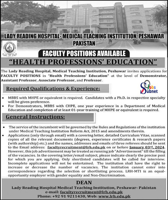 New Government Health Profession Jobs At Lady Reading Hospital 2024
