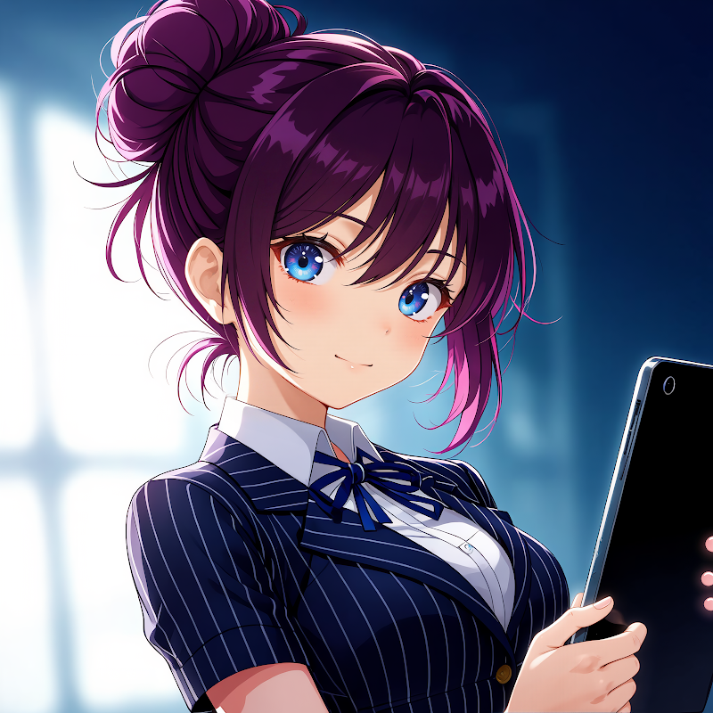an animated female character with purple hair and blue eyes holds a black tablet in a dimly lit room with a window wearing a blue and white striped blazer and a white shirt with a blue bow tie and exu