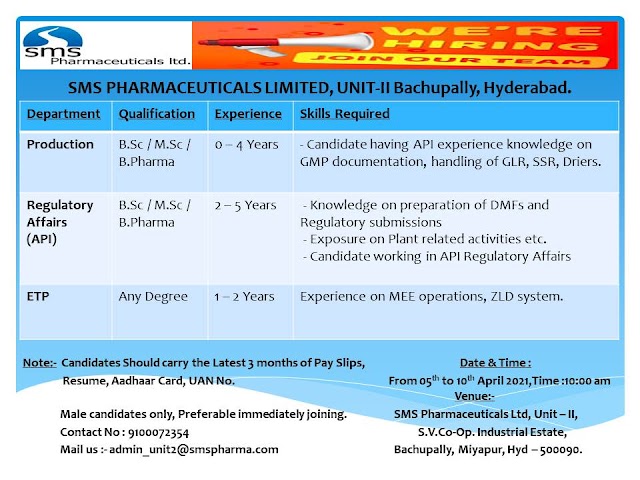 SMS Pharma | Walk-in interview for Production/RA on 5th-10th Apr 2021 