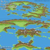 Great Caldera, Calidar, 3D views of eroded height map, Stereographic Projection