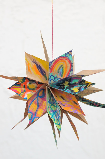 artsy paper bag stars - a great way to showcase children's artwork!