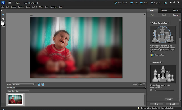 There is a Guided Edit in Adobe Photoshop Elements, which is called as 'Depth of Field'. By looking at above results you might have noticed that it is nowhere near to Depth of Field effect we get with Cameras. So as of now, let's call it partial bur technique which helps in achieving results near to Shallow Depth of Field. Guided Edits in Adobe Photoshop Elements are most easy to use effects with step-by-step guidelines. Let's see how Depth of Field Guided Edit work and perform... Let's go step by step and also learn things we need to be aware of during different steps1. Open a photograph in Adobe Photoshop Elements Editor and go to Guided Edit Panel. (Please see the image below and make sure that this is how your workspace look like...)2. There are various sections under Guided Edit Panel in Adobe Photoshop Elements. Select 'Lens Effect' and Click on 'Depth of Field' . The image shown below shows the refreshed panel after click Depth of Field Guided Edit3. Now in Depth of Field Guided Edit, there are two different options to go for. In this article we will explore the first one and simple one :) . Names of these two effects are - SIMPLE and CUSTOM (Can you guess what these would be?) . To me first one sounds something easy and basic, while the second one should be something exciting :). Let's see if I am write or wrong. So click on Simple, the first option and proceed. It should open following screen on right side of Adobe Photoshop Elements - Editor.4. Click on 'Add Blur', although it will give scary effect of blur on first go, but don't worry. It will gradually move towards what you expect out of it. So first step will add blur to your photograph, like what you see in following image.5. This is most critical step, where we have to be very careful to get near to best results. There is a gradient marker and we have to mark an area which should be in focus. First time, it's difficult to guess the effect it would give but try and refine gradually. As a small tip, mark the area towards the middle of the main subject and it will automatically take care of surrounding regions. At times, this require re-measurements again n again. So try it and reach the best possible you can get out of it6. This is how it will look and blur effect can be intensified by the slider shown in step-3. I have changed blur a bit and happy with what it's showing right now.7. When done with this selective blur effect in Adobe Photoshop Elements, click  Done and come out of this workflow. We clicked on the drop-down below the image an select Before-After horizontal View.This is how it would shown the original Photograph and the final result. Hope you are happy with results. At times, this doesn't give good results with subject having non-uniformed shapes, which is the usual thing. We shall discuss the other trick to handle such subjects with Custom Depth of Field Effect soon.This is original Photograph used in this articlFinal Result we got through Simple Depth of Field Guided Edit in Adobe Photoshop Elements.  Next article would cover Custom Depth of Field Technique to deal with all types of shapes of main subject.