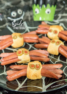 Spider Hotdogs - only 3 ingredients for these festive Halloween hotdogs! Assemble ahead of time and pop in the oven after trick-or-treating. Everyone LOVES these fun spider hotdogs! Perfect halloween party recipe!!