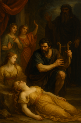 A Baroque-style oil painting depicting the myth of Orpheus and Eurydice. In a dimly lit scene, a sorrowful man kneels while playing a lyre beside a lifeless woman in a golden gown. Surrounding them are grieving onlookers, including veiled women and a shadowy bearded figure in the background. The dramatic composition is framed by deep red stage curtains, evoking a theatrical atmosphere.
