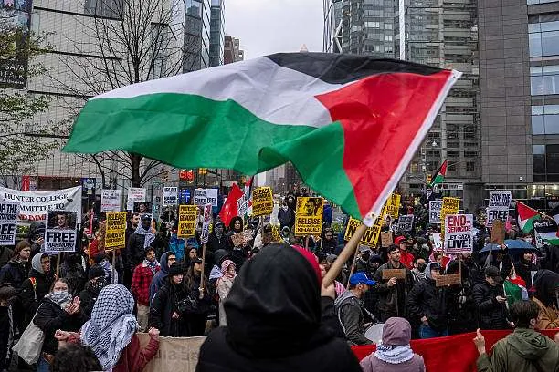 Demonstrators gather at Columbus Circle in New York City on April 12, 2025, in solidarity and to call for the release of detained Columbia University graduate student Mahmoud Khalil. Photo by David Dee Delgado/Getty Images
