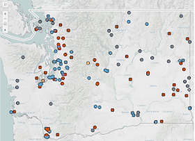 map of Washington with many dots across the whole state marking all project locations. 