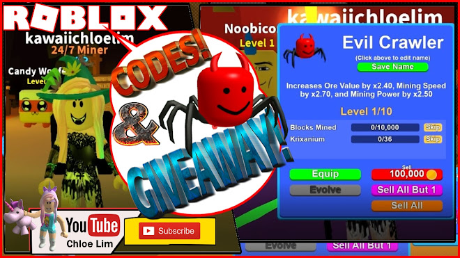 Chloe Tuber Roblox Mining Simulator Gameplay Gifts Update 4 New Codes 5 Evil Crawler Giveaway Loud Warning - roblox 4 new codes for hats ice cream simulator