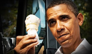 color picture of Obama gesturing with a vanilla ice cream cone in his hands