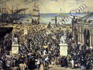 Proudhon's dream, Proudhon's vision of a workers' state is seen in this imaginative view. In the foreground people are bartering goods, and on the right is the People's Bank. Proudhon's attempt to set up such a bank was one of the factors that led to his imprisonment. 