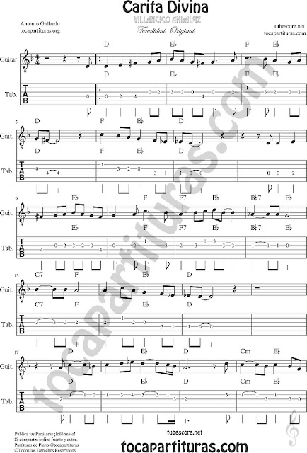 Tablatura y Partitura de Carita Divina para Guitarra con Acordes Tabs Rumba Villancico Carol Song Sheet Music for Guitar with chords Music Scores