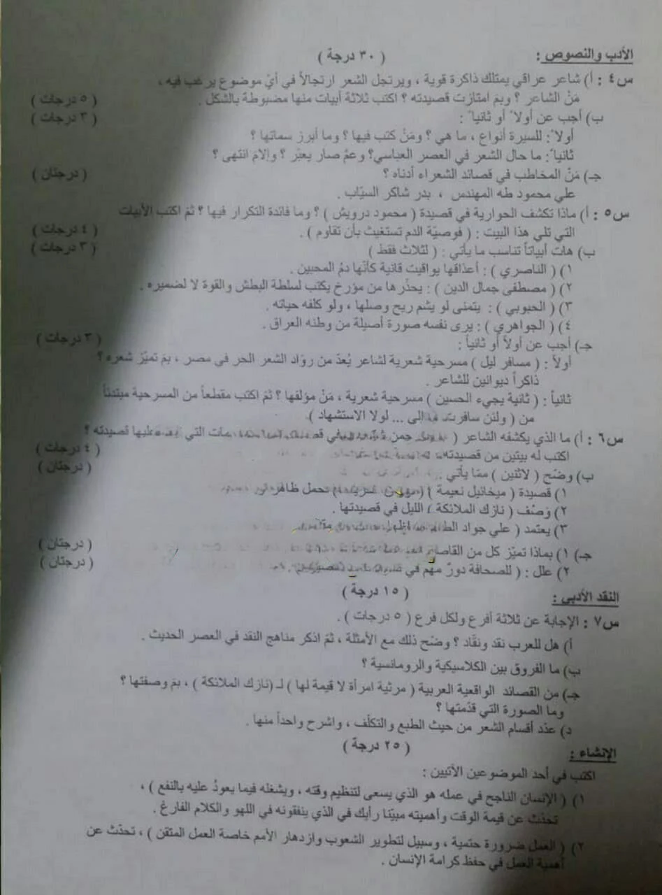 اسئلة مادة اللغة العربية الصف السادس الادبي  الدور الاول 2022.