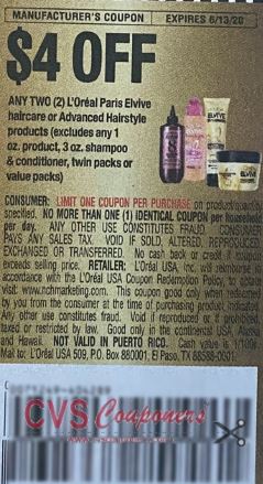 $4.00/2-L’Oreal Paris Elvive Hair care or Advanced Hairstyle products Coupon from "RetailMeNot" insert week of 5/31/20.