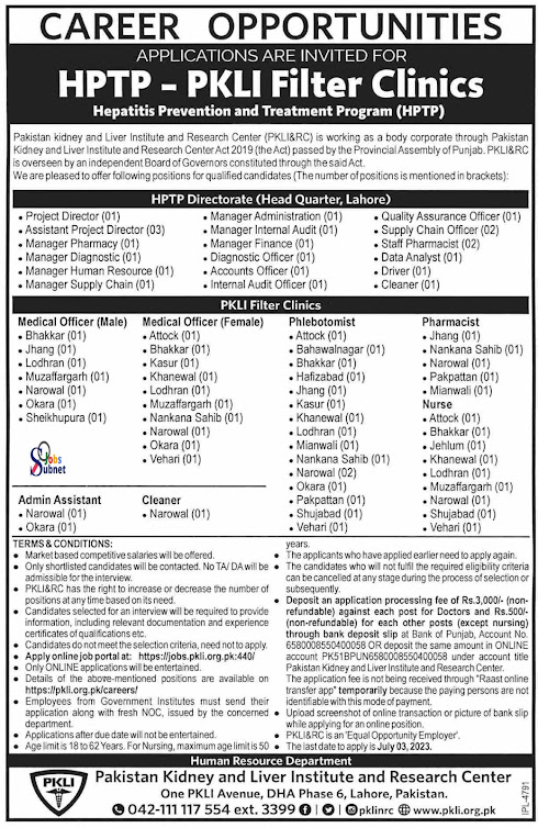 Pakistan Kidney and Liver Institute PKLI Jobs 2023 ( Male & Female )