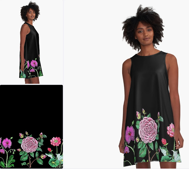 Botanical Flowers Black Dress Watercolor pattern 