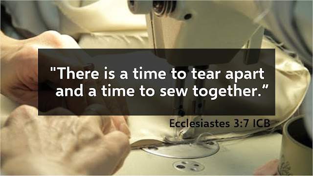 A woman sews at a cream-colored sewing machine. Text overlay quotes Ecclesiastes 3:7