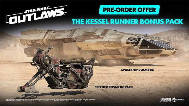 star wars outlaws pre-order bonus reveal 3-days early access kessel runner bonus pack speeder trailblazer starship dlc release date sw story trailer reveal august 30, 2024 pc playstation ps5 xbox series x/s xsx upcoming action-adventure game massive entertainment ubisoft lucasfilm games kay vess nix outer rim