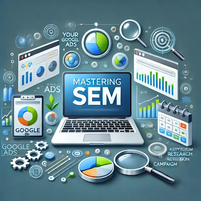 An illustrative image depicting digital marketing concepts for the article 'Mastering SEM: Your Ultimate Guide to Google Ads, Keyword Research, and Campaign Optimization.' The image features a laptop with analytics charts, search engine icons, and keyword symbols, set against a clean and modern design in shades of blue and green, representing growth and trust in digital marketing strategies.