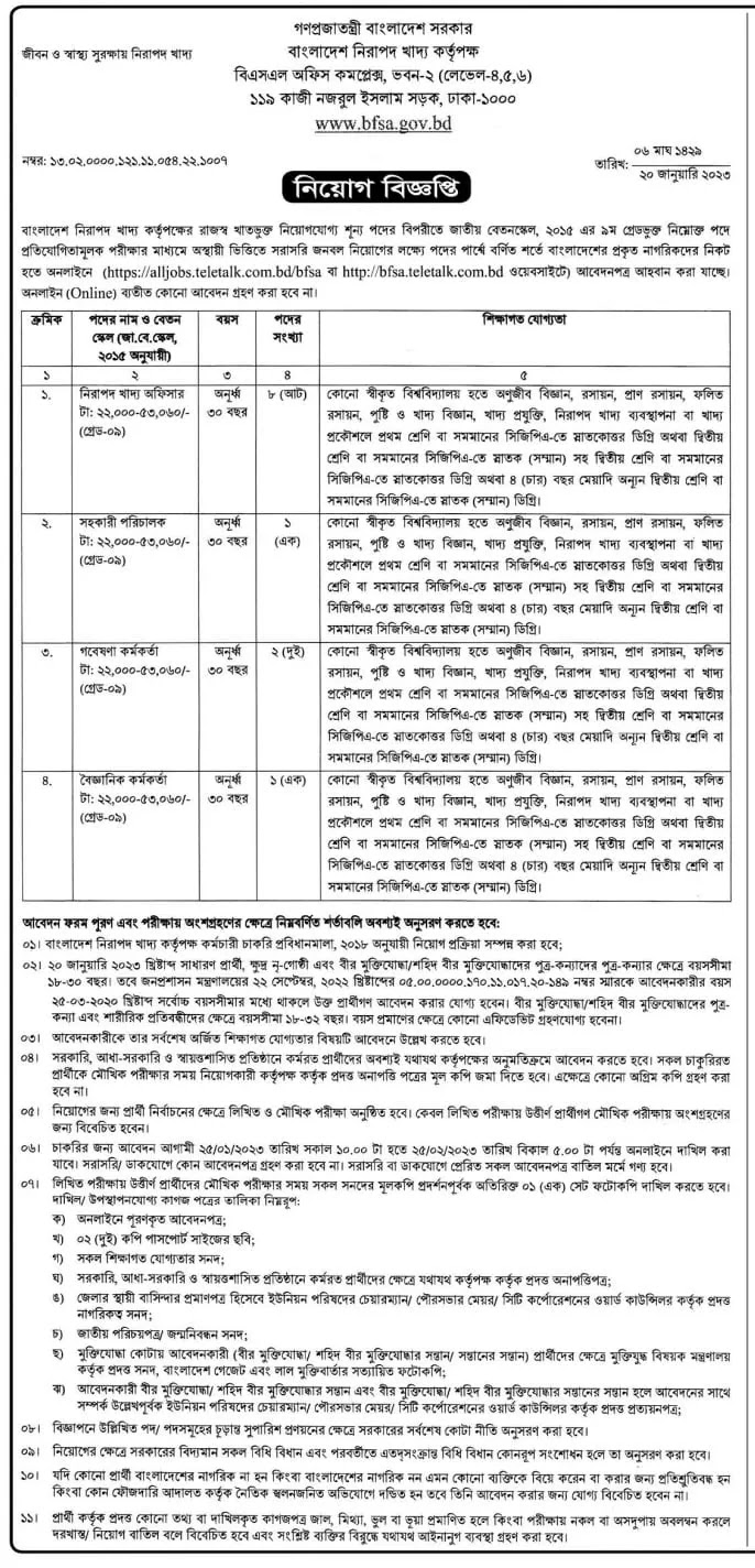 Bangladesh Food Safety Authority BFSA Job Circular 2023