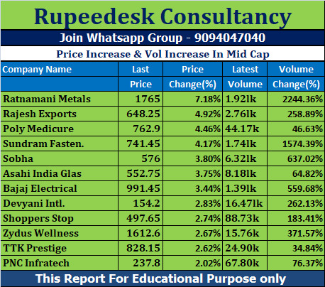 Price Increase & Vol Increase In Mid Cap