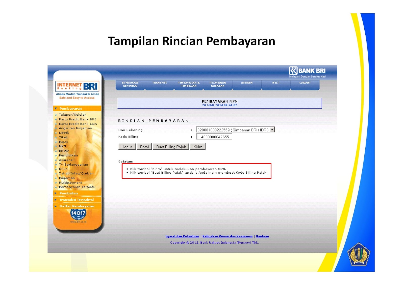 Pajeg Lempung: Bayar - ID Billing Internet Banking BRI