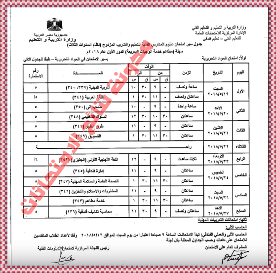 جدول امتحانات شهادة الدبلوم الفنى الثانوى الفندقى 2018 جداول الدبلومات الفنية