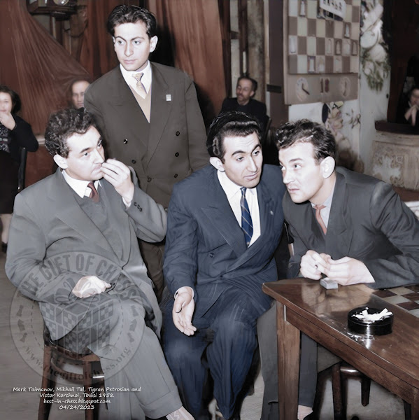Mark Taimanov, Mikhail Tal, Tigran Petrosian and Victor Korchnoi, Tbilisi 1958.
