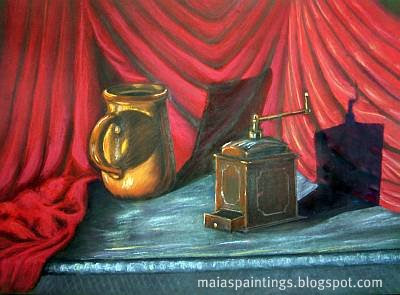 Drapery with coffee mill and mud-pastel still life