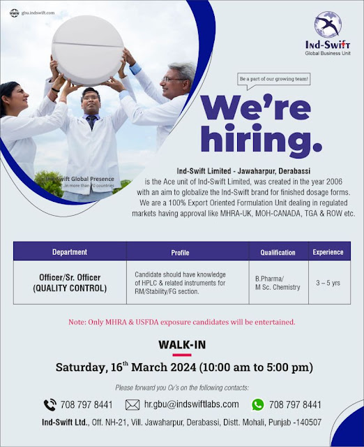 Ind- Swift Laboratories Walk In Interview For Quality Control Dept