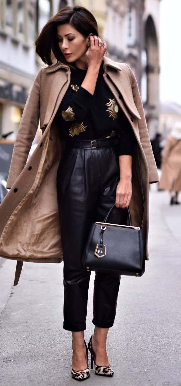 elegant winter outfit / cashmere coat + printed sweater + black leather pants + bag + heels