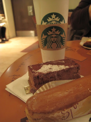Our coffee, very chocolate pastry and coffee eclair.