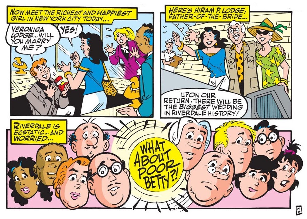 Recap of Archie's proposal to Veronica and group of concerned faces of Riverdale citizens asking 'What about poor Betty?'