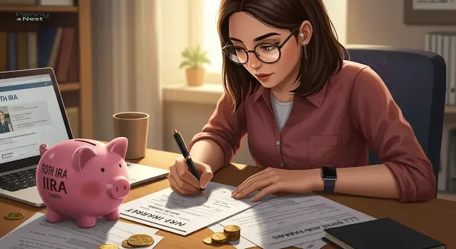A person filling out an application form with a piggy bank labeled Roth IRA nearby, illustrating steps to set up a Roth IRA.