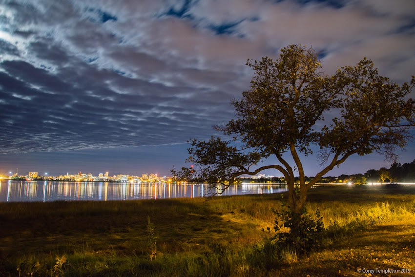 September 2015 Portland, Maine USA photo by Corey Templeton. Some interesting cloud formations, backlight by the moon, over Back Cove on Friday night.